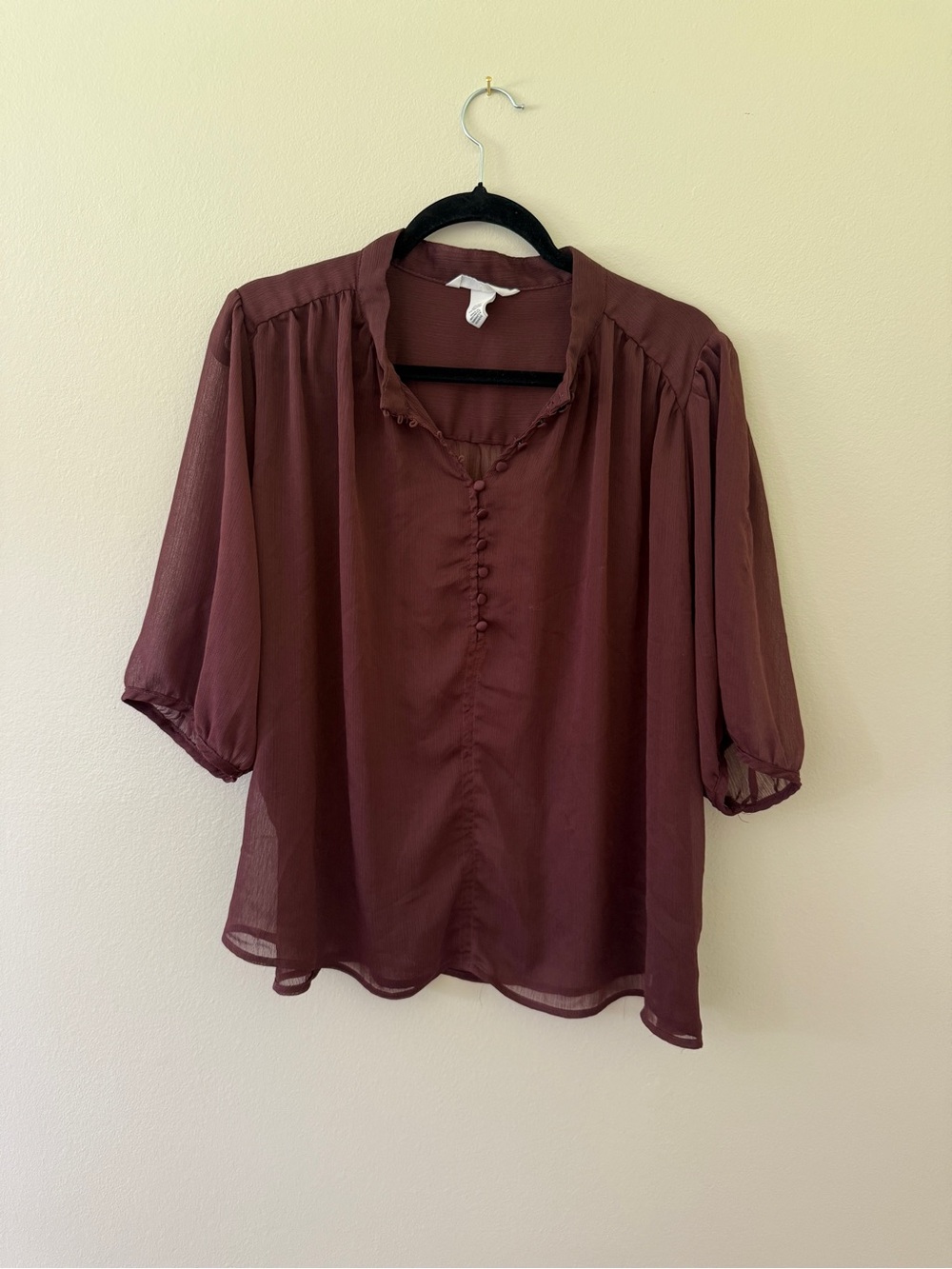 H&M Wine Burgundy Button-Front Semi-Sheer Blouse
